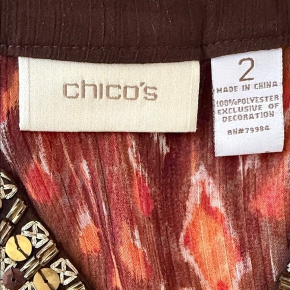Chicos Size 2 Beaded Neck Tunic Top Blouse Sheer Ikat Print Kimono Sleeve - Picture 2 of 6